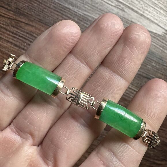 Vintage 14K SOLID GOLD and Green Jadeite Panel Link Bracelet 9.3g, 14kt Yellow - Picture 13 of 16